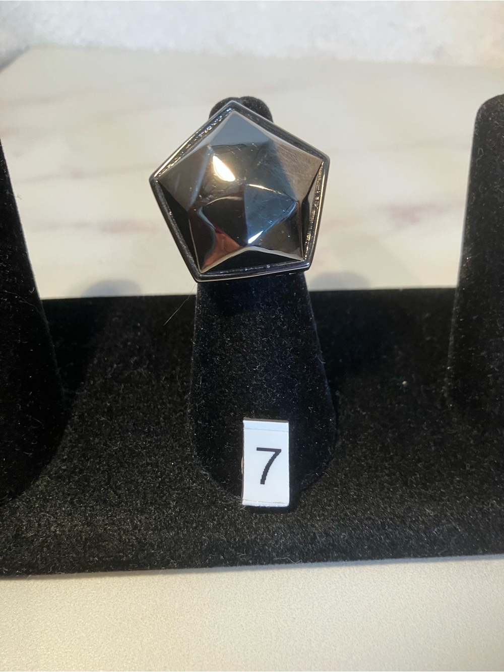 Geometric Hexagon Statement Ring in Glossy hematite’Matrix’size 7